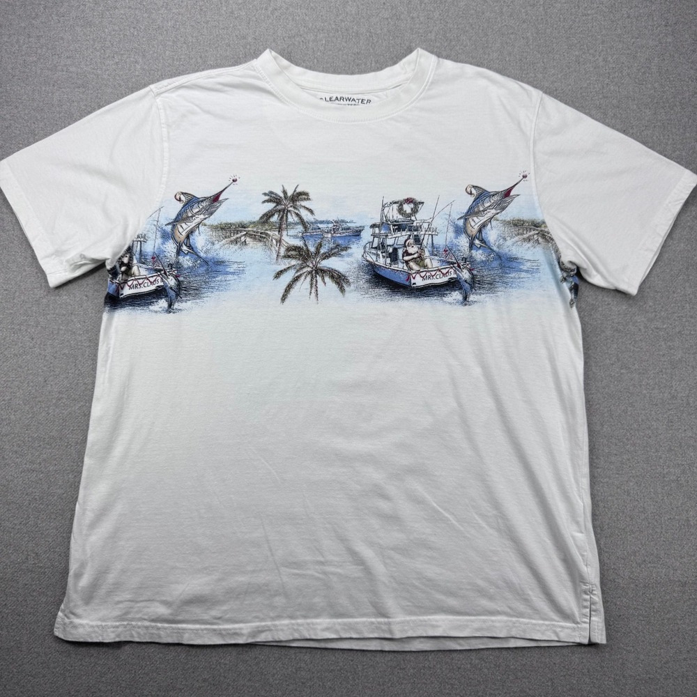 Clearwater Outfitters Christmas T Shirt Mens Large‎ Santa Marlin Fishing Boat